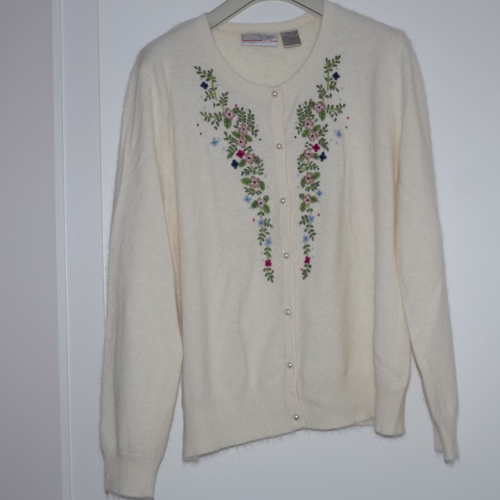 Cream Cardigan With Floral Embroidery Angora Blend Cardigan Sweater L